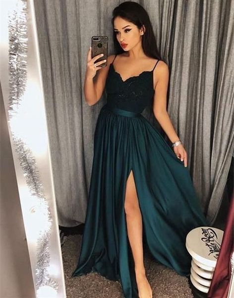 

a-line spaghetti strapls dark green prom dresses floor length long pageant dresses with lace bodice split evening gowns, Black