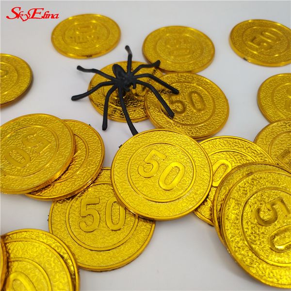 

50/100pcs pirate treasure plastic coin props gold skull coin for halloween party cosplay props kids party toys treasure coins 7z