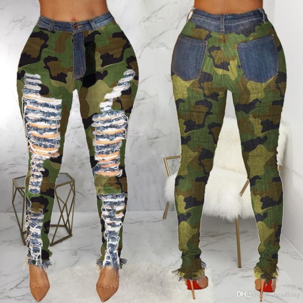 

hole jeans women personality high waist trousers camouflage pencil pants casual raw edge tights pants