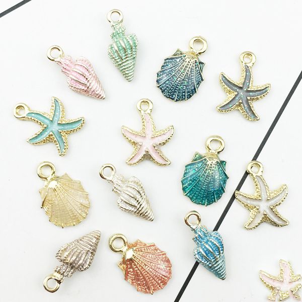 

13pcs/lot enamel alloy charms oil drop conch sea shell pendant beach charm jewelry making for women accessories gift, Bronze;silver