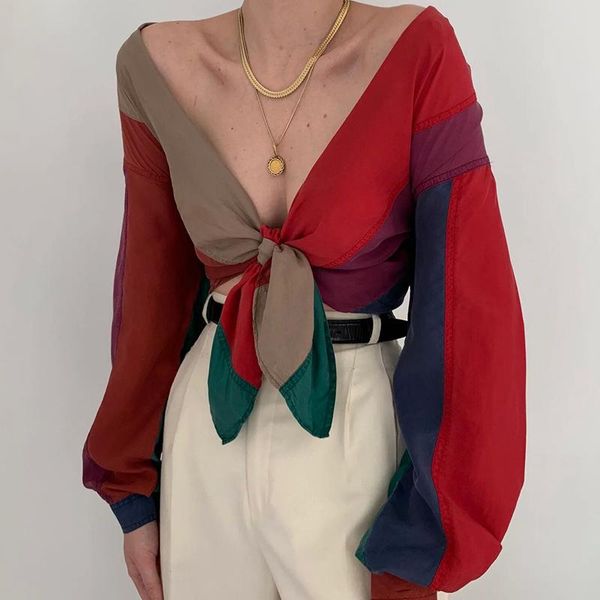 

v-neck tie contrast color blouse women long sleeve shirt streetwear, White