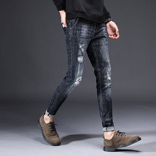 

audwhale summer men's slim fit jeans casual mid waist denim pants for men skinny male mid waist jeans pants, Blue