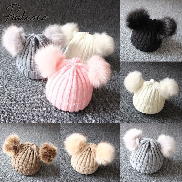 

2020 brand new newborn baby kids girls boys winter warm knit hat furry balls pompom solid warm cute lovely beanie cap gifts, Yellow