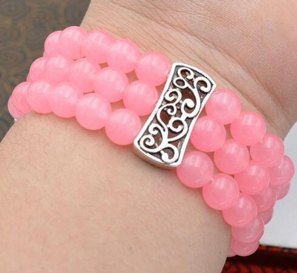 

3 rows of natural women 8mm pink jade beads stretch tibetan silver bracelet, Black