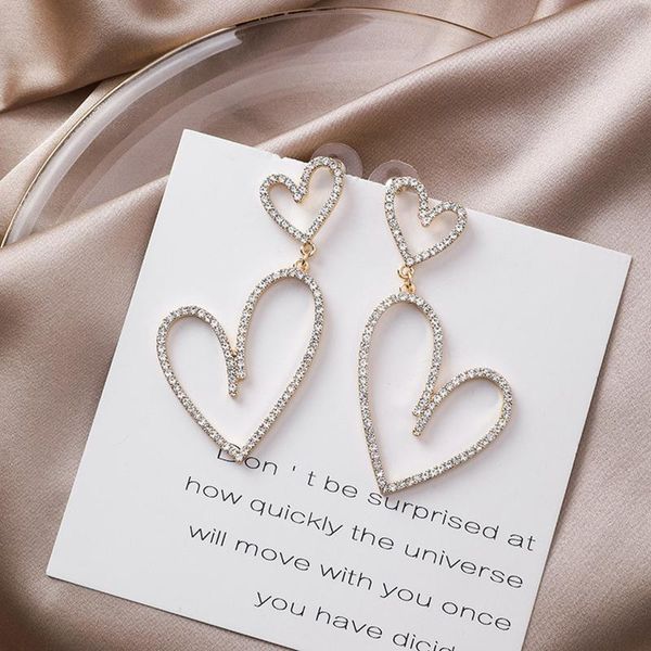 

korea fashion women earrings silver pin exaggeration trend simple rhinestone heart drop earrings for girl jewelry accessories