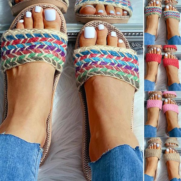 

women's slipper fashion anti-slip linen home indoor open toe flat shoeses summer casual non-slip beach slippers d4, Black