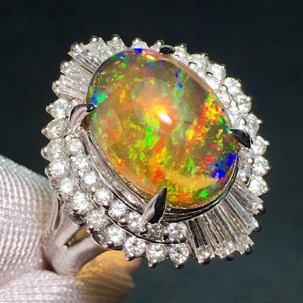 

opal ring fine jewelry pt900 platinum jewelry mexico origin natural fire opal 3.62ct gemstones female rings for women fine ring, Golden;silver