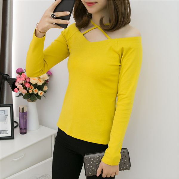 

early spring versatile fashion exposed shoulder slim models off-shoulder solid color halter women's t-shirt base shirt, White