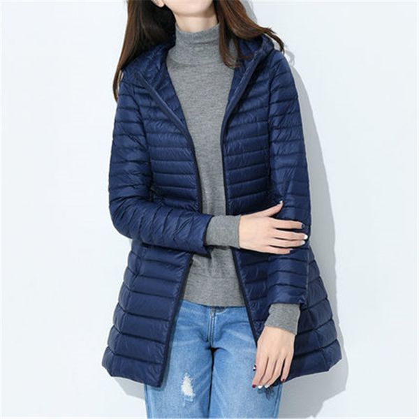 

new fashion winter women hooded white duck down light midi long down coat jacket slim plus size jacket female coats wz172, Black