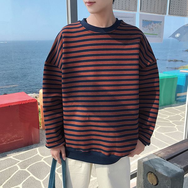 

2019 spring and autumn new hong style plus velvet long-sleeved pullover striped casual loose sweatshirt men green red / brown, Black