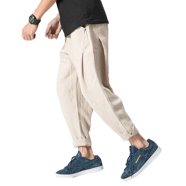 

male joggers linen pants men harem pants men cotton linen traditional chinese drop crotch trousers homme man khaki, Black