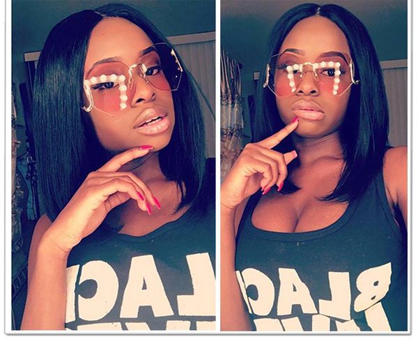 

lace front human hair wigs brazilian short straight hair 130% density pre plucked bob lace front remy human hair bob wig, Black