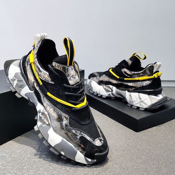 

men's shoes trend leather dad shoes casual splicing korean fashion brand men's sports style, Black