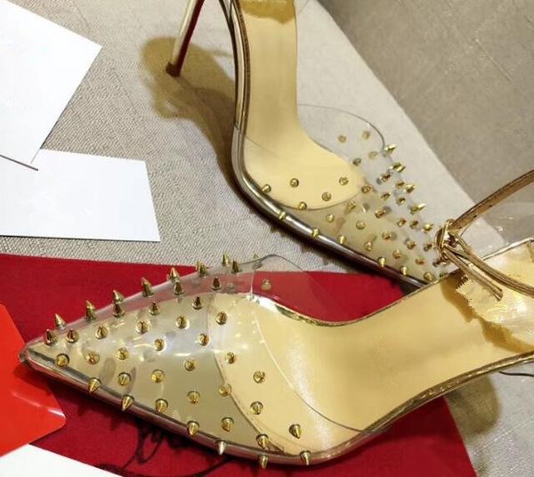 

red bottoms high heels transparent plastic belt nail with shallow mouth women's dress shoes fashion spikes pumps 8//12cm, Black