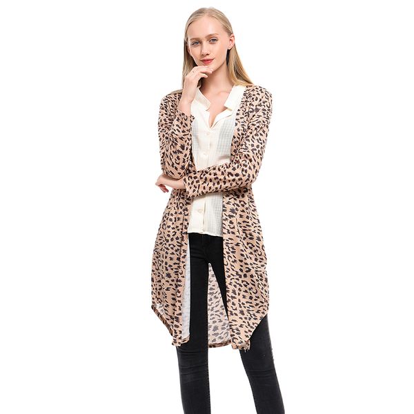 

women cotton coat casual long sleeve elastic leopard female thin loose, Tan;black