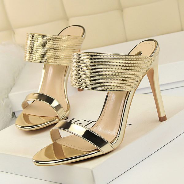 

2020 new summer women mules slippers high thin heel pointed toe metal band ladies women shoes gold outside slides slippers, Black