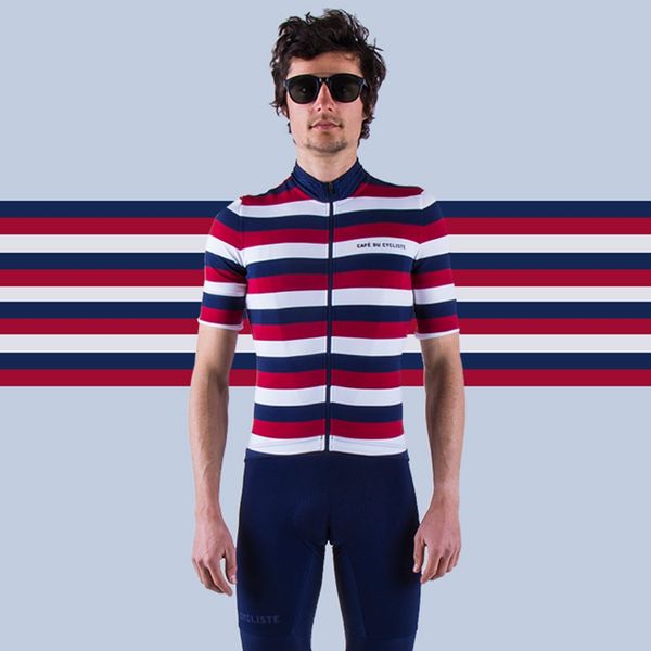 

new riding equipment technology cycling jersey men 2020 blue red and white tri-color stripes cycle wear with breathable collar, Black;red