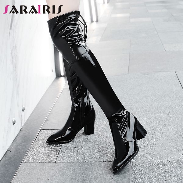 

sarairis plus size 33-48 lady party patent pu thigh high boots women high heels boots elegant slim over the knee shoes woman, Black