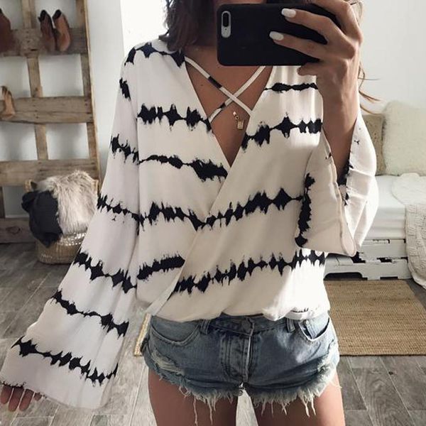 

women bandage 2019 summer loose long sleeve stripe printed casual white chiffon kimono v-neck fashion