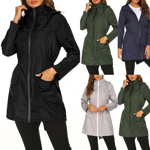 

women waist even hat frivolous waterproof serve raincoat loose coat long sleeve slim fit jackets overwear, Black