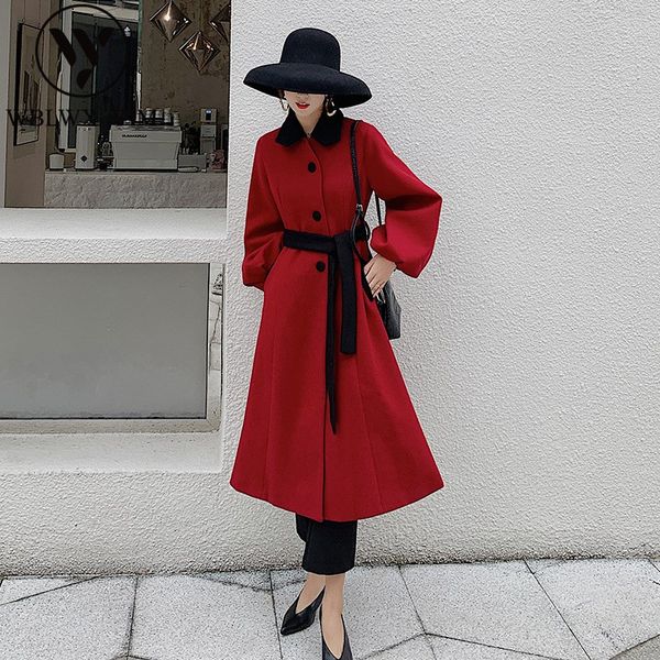 

elegant long wool coat women fashion retro single breasted belt wool blended coat thick warm winter coats female korean overcoat, Black