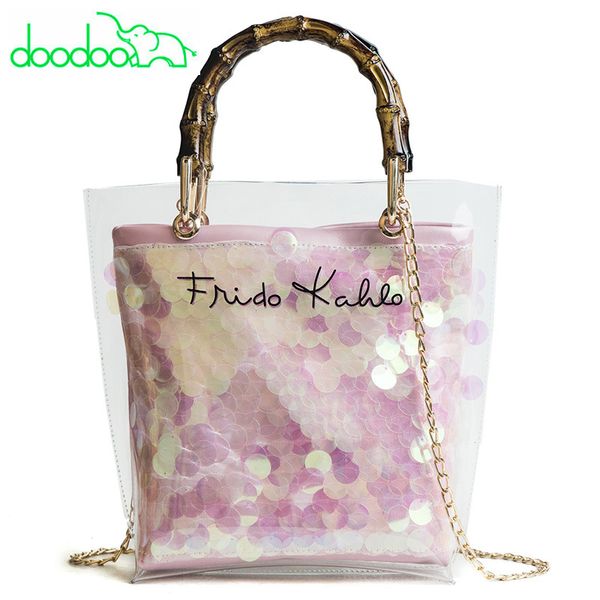 

летом пляжные сумки bamboo top handle tote женщины пвх прозрачная сумка lady цепи плеча сумка черный розовый sac a главный