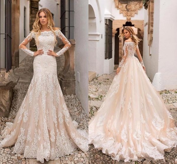 2019 New Beautiful Champagne Vestidos De Noiva Sereia Fora Dos Ombros Rendas Apliques Sheer Mangas Compridas Tule Vestidos de Noiva Longa BC5