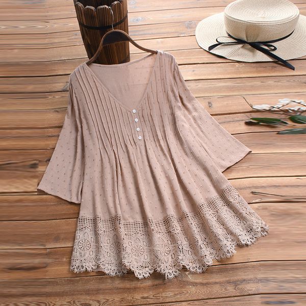 

2019 summer plus size women shirt blouse vintage solid lace long shirt three quarter sleeve v-neck loose tee blouse, White