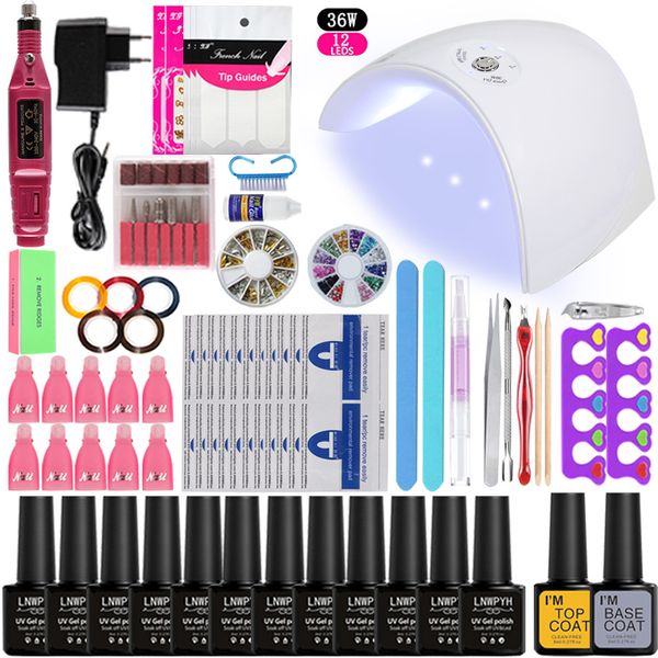 

nail set nail extension kit 12 /6 color art gel set with lamp 36 w uv lamp led acrylic kit for manicure
