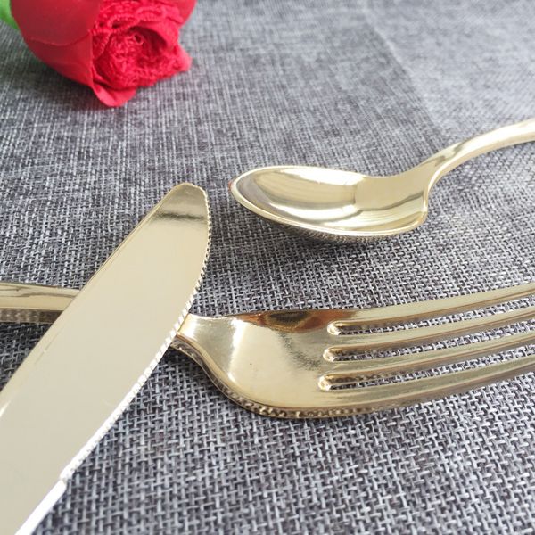 

high-end gold disposable western knife and fork spoons dinner party wedding plastic tableware 60/set