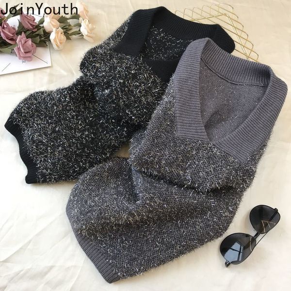 

joinyouth fashion sweter women invierno 2019 autumn winter lurex solid pullovers sleeveless retro bright silk v neck korean j355, Black;white
