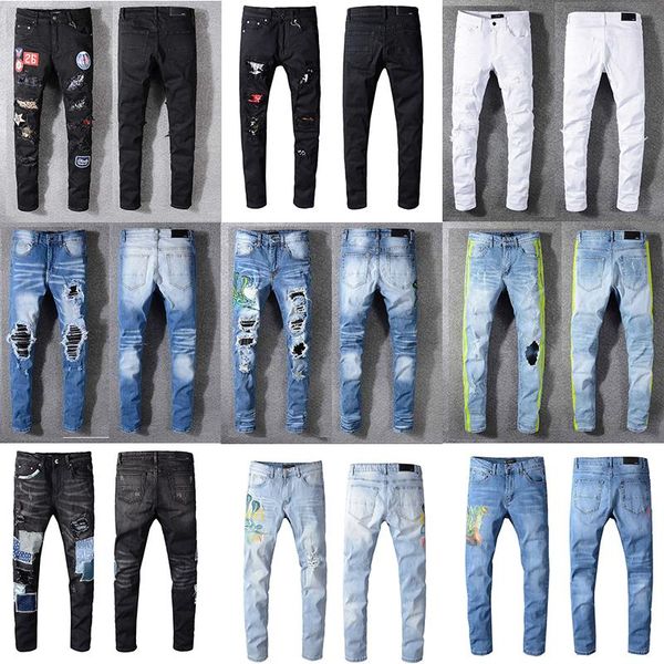 

мужские знак разрывы stretch black jeans модельер slim fit омывается motocycle джинсовые брюки хип-хоп панелями брюки 10200, Blue