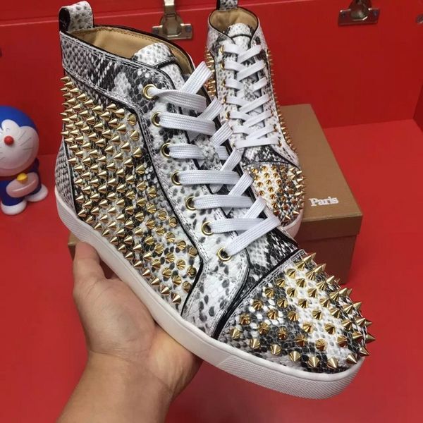 

luxurious brand studs men's casual genuine leather red bottom high sneakers party wedding women's leisure flats eu35-47, Black