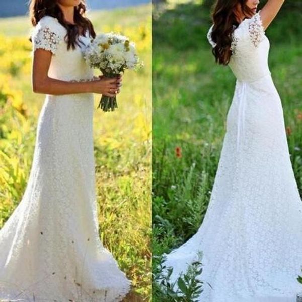 2019 V Neck Full Lace A Line Wedding Dresses Short Sleeves Beaded