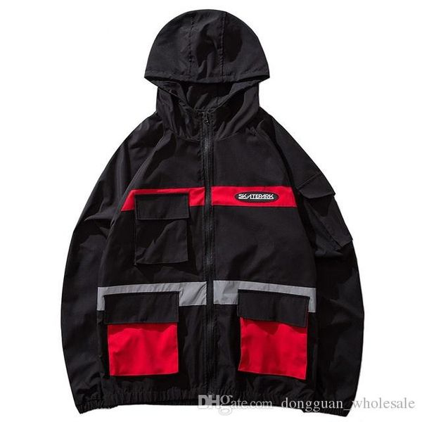 

harajuku 3m reflective jacket men hip hop streetwear hooded jacket windbreaker spring 2019 color block track jacket coat hoodie, Black;brown