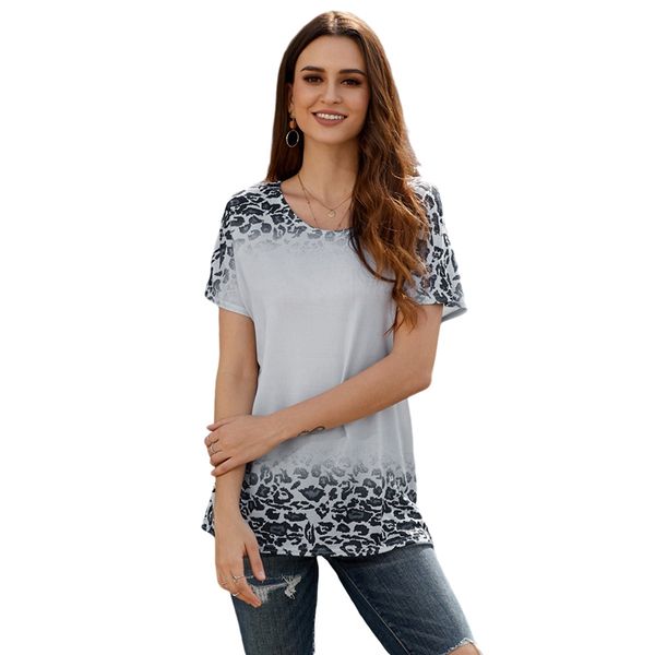 

леопардовый градиент t-shirt women summer новый раунд o-образным вырезом женщин с коротким рукавом одежды, White