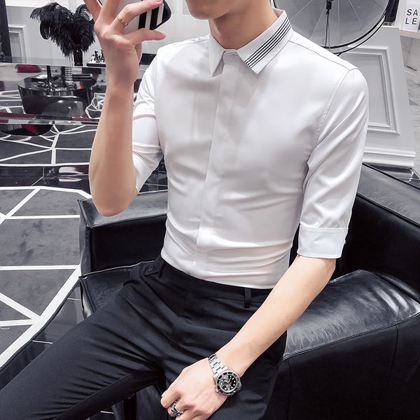 

simple summer men dress shirt fashion 2020 slim fit young man work shirts half sleeve casual blouse men night club prom tuxedo, White;black