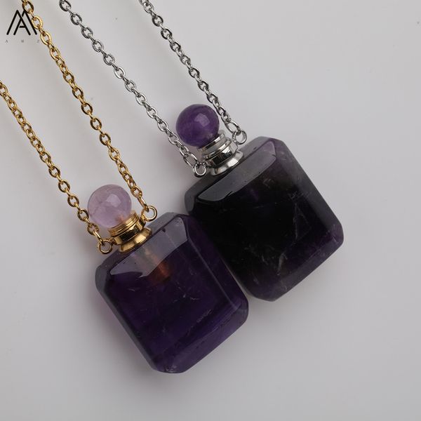

fashion lady pocket perfume bottle,natural purple quartz stone square perfume bottles stainless steel chain necklace dss-189ambb, Silver
