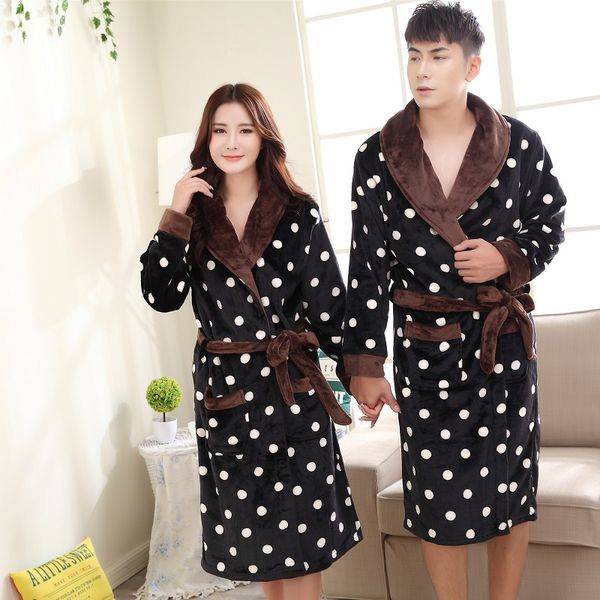 

couples winter warm flannel bath robes warm women coral fleece dressing gowns mid-calf polka dot men robe, Black;red