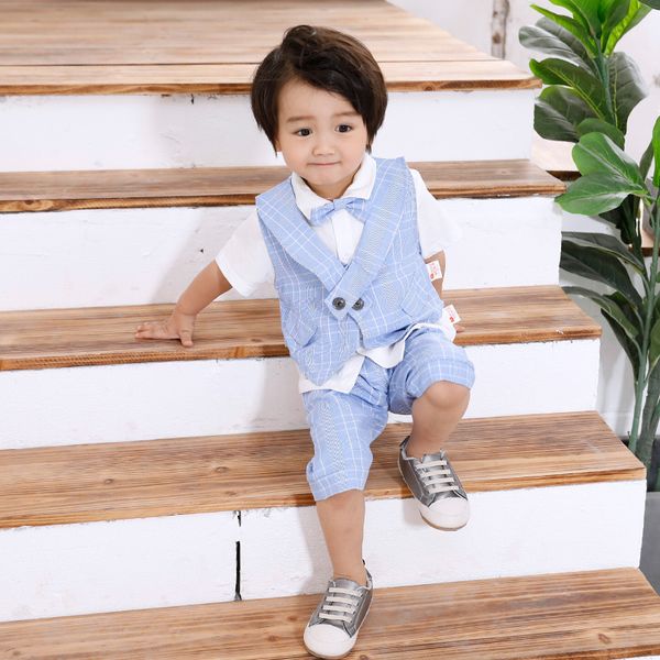 

handsome boys gentleman vest kids party outfit suit summer short-sleeved dress suit baby boys clothes [ t-shirt + pant + vest, White