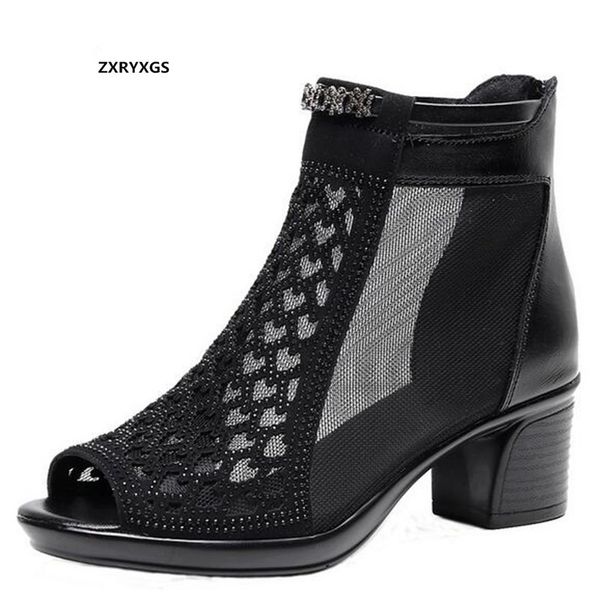 

new fashion rhinestones microfiber cowhide mesh cool summer boots women sandals shoes 2020 new fish mouth women black sandals