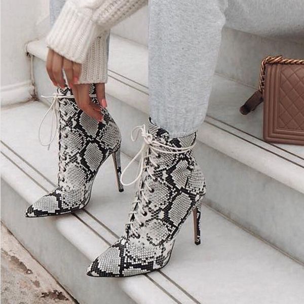 

women ankle boots 11.5cm high heels stiletto lace up boots autumn plus size 42 snake print punk short combat 2020 shoes, Black
