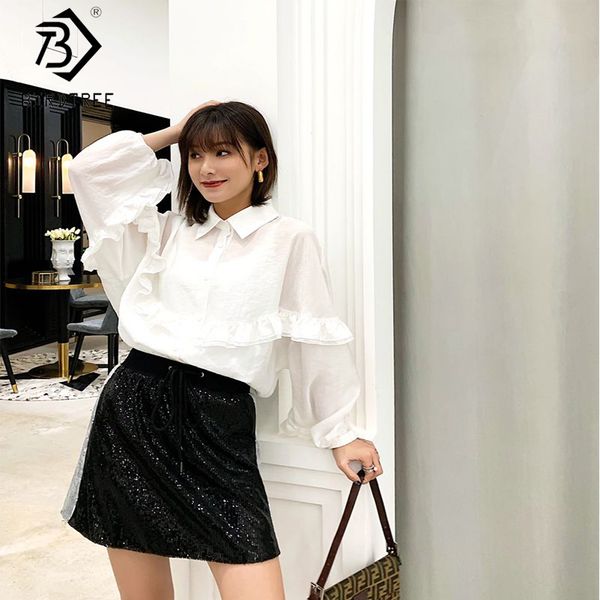 

2019 new streetwear women shirt with ruffles turn-down collar office lady white lantern sleeve patchwork femina blusat91029r