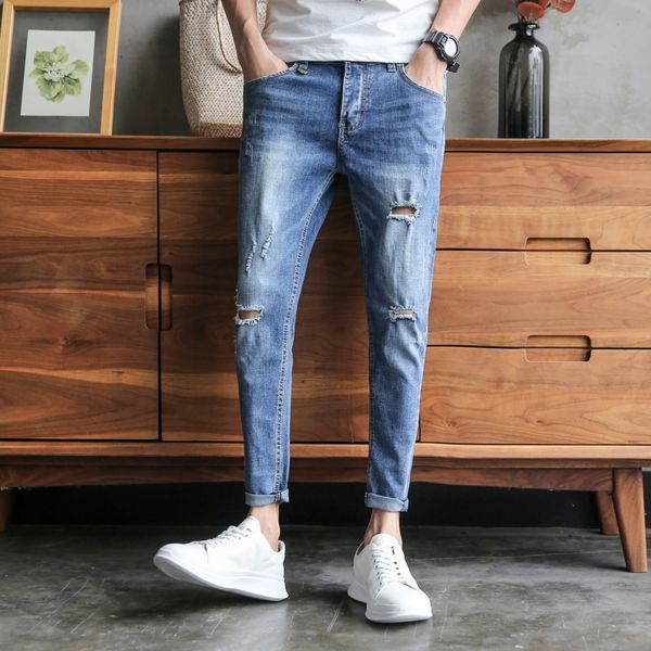 

fashion 2019 summer casual men jeans brand new streetwear ripped jeans men all match slim fit denim destroyed trousers man, Blue