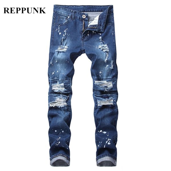 

2018 new slim fit ripped jeans men blue & black hi-street male distressed denim personality male knee holes washed denim pants
