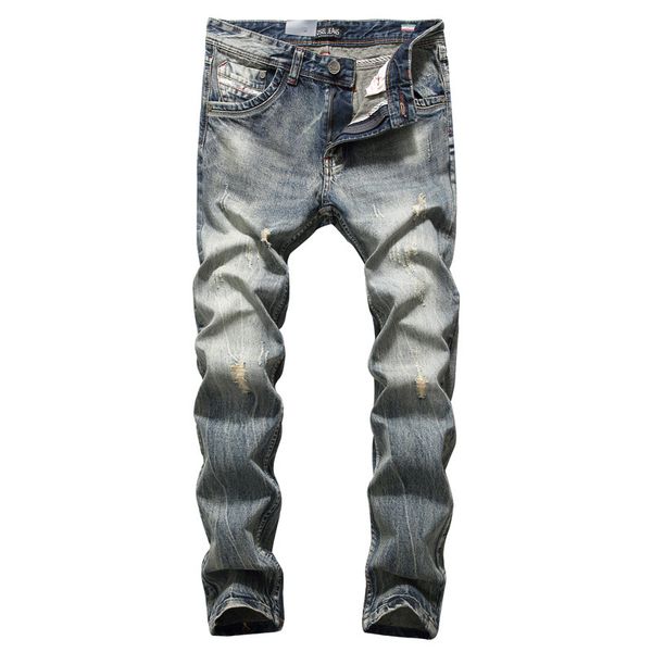 

2018 new men's brand jeans fashion men's cotton casual slim straight hole dark blue denim trousers c708