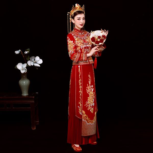 

bride embroidery cheongsam vintage chinese style wedding dress lady phoenix gown marriage qipao red clothes size s  l xl xxl