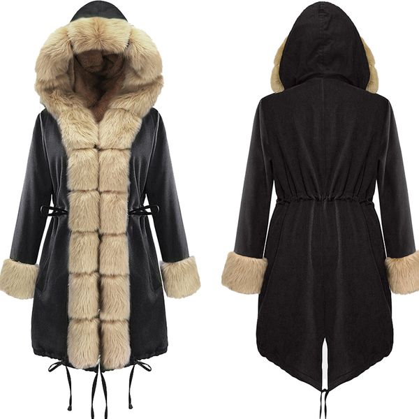 

sell winter women coat keep warm long fur collar female plush overcoat faux fur jacket women streetwear party lady y103112, Black