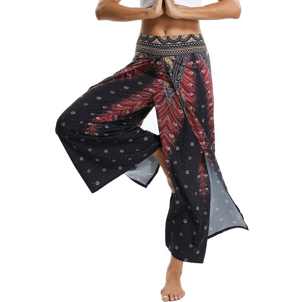 

women's yoga mandala open leg pants comfort wide leg gypsy hippie aladdin bohemian pants printed thai split harem, White;red
