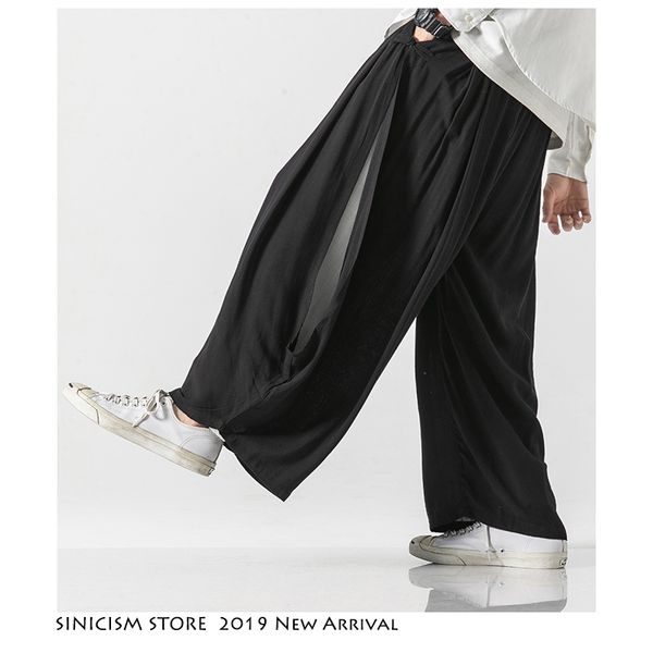 

sinicism store men women new autumn casual wide leg pants mens chinese style costume 2019 full pants male solid oversize, Black